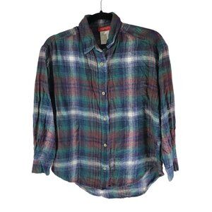 Esprit Teens Flannel Plaid Button-Up Shirt 100% Cotton Green Red Size S